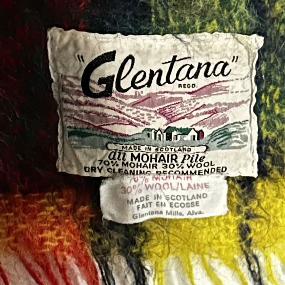 Vintage Glentana Mohair Wool Plaid Blanket Made in Scotland Fringe Throw